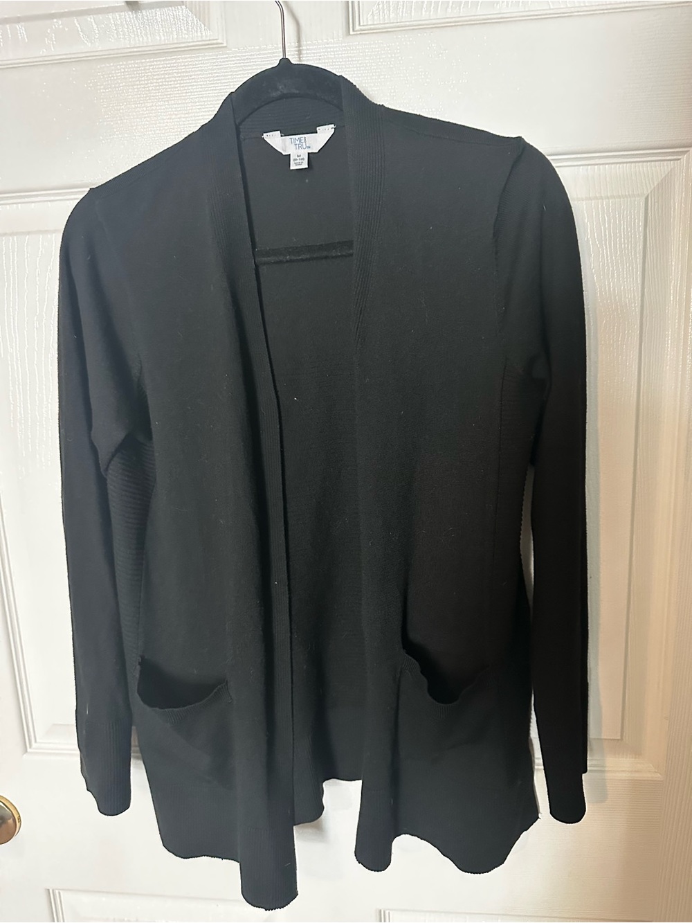 Time and Tru Black Open-Front Pocket Cardigan